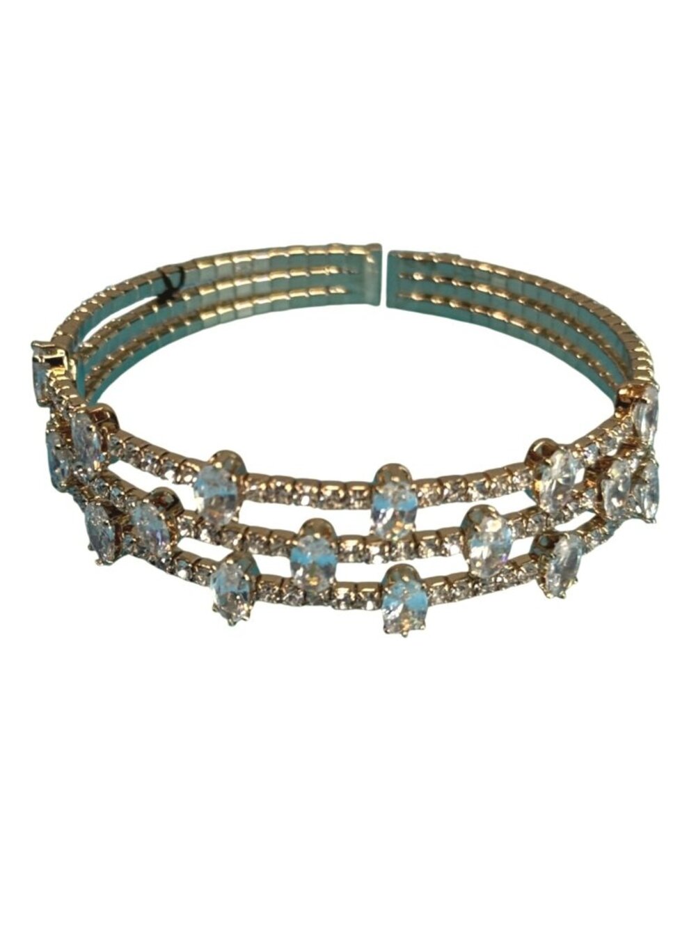 Triple Row Gold Tone Cuff Bracelet With Marquise Cut Crystal Rhinestones - Picture 2 of 7